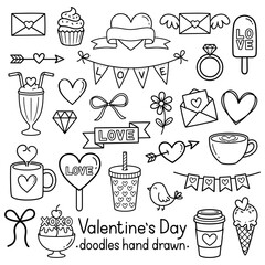 Valentine's Day doodle set. Hand drawn cute love elements, hearts, food, and romantic icons. Black outline vector illustration.