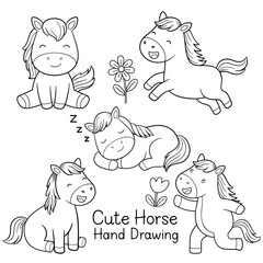 Cute Horse Hand Drawing Line Art Set, Cartoon Horse Outline Illustration for Coloring Book and Kids Design