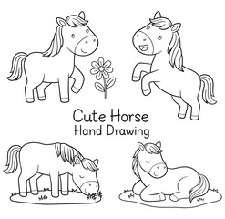 Cute Horse Hand Drawing Line Art Set, Cartoon Horse Outline Illustration for Coloring Book and Kids Design