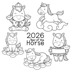 2026 Year of the Horse cute cartoon vector set. Chinese New Year zodiac animal outline illustration for coloring book.