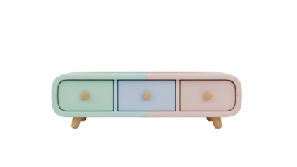 Modern pastel colored dresser with three drawers and wooden legs on a white background