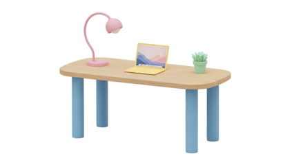 A laptop and pink lamp on a wooden desk with a small plant