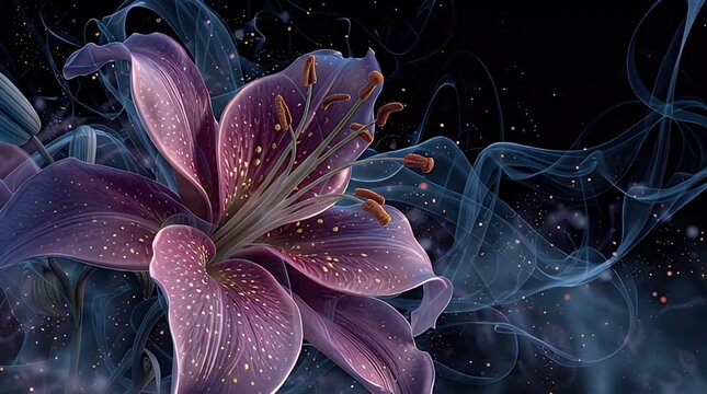 Dreamy purple lily with smoke-like tendrils on a dark background with faint sparkling dots
