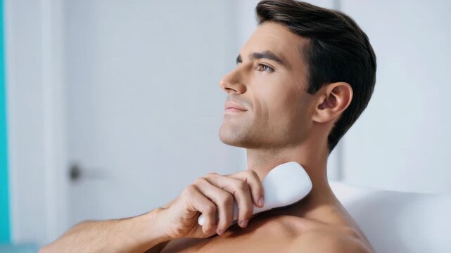 Man using non-invasive vagus nerve stimulation device at home for stress relief, autonomic balance, improved vagal tone, relaxation, and wellness support through bioelectronic therapy