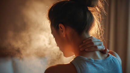 Woman massaging aching neck feeling stress and pain