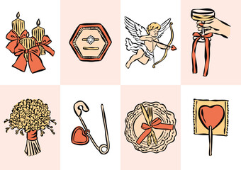 Whimsical wedding and love doodle collection. Art for greeting card, logo design, brand identity, packaging design.