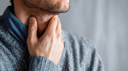 Man suffering from sore throat touching neck with hand