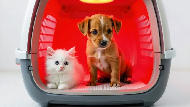 Kitten and puppy receiving red light therapy in a veterinary LED device for healing, inflammation reduction, pain relief, and tissue regeneration in animal rehabilitation and wellness care
