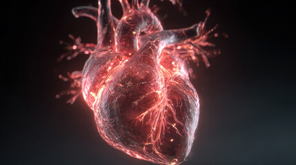 Human heart beating with glowing veins and arteries on dark background