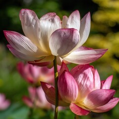 Fototapeta premium Vibrant pink and white lotus flowers bloom beautifully, set against a soft, green backdrop, perfect for use in nature-themed projects, wellness materials, or decorative purposes,
