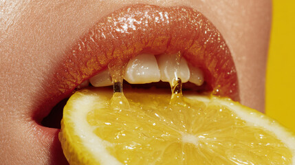 Woman biting a lemon slice with honey dripping on a yellow background