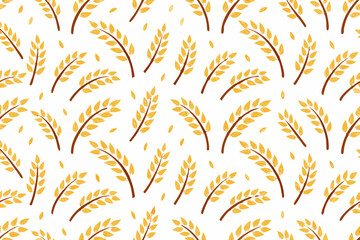 A seamless pattern of golden wheat stalks on a clean white background © Etika
