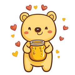 Kawaii Bear Holding Honey Jar with Dripping Heart Shape Clipart PNG, Transparent Background	