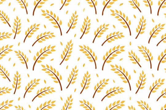 A seamless pattern of golden wheat stalks on a clean white background