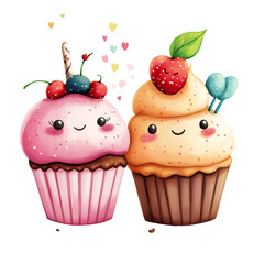 Cute Kawaii Dessert Friends Cupcake Cartoon Illustration Clipart PNG, Transparent Background	