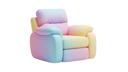 A colorful pastel armchair sits alone indoors on a white background.