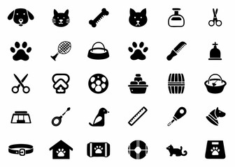 Collection of black and white icons depicting pets accessories and care items