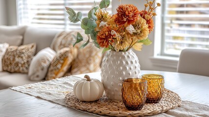Cozy fall decor with flowers and pumpkins on dining table