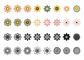 Colorful flower icons and patterns in various designs and monochromatic variations