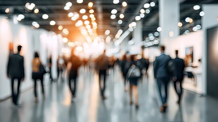Business professionals walking through modern exhibition hall with bright lights