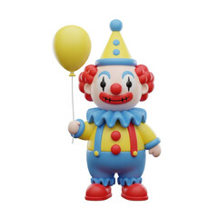 Fototapeta premium A cartoon clown figurine holding a yellow balloon stands against a white background.