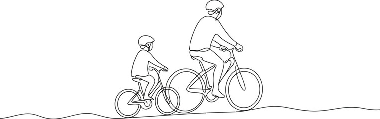 A continuous line drawing depicts a father and child happily riding bicycles together on a wavy path