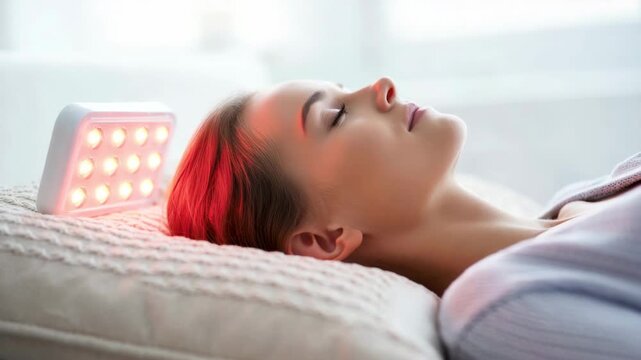 Woman relaxing during red light therapy session at home, LED panel illuminating scalp for hair growth, skin rejuvenation, cellular regeneration and wellness, non-invasive healing light treatment