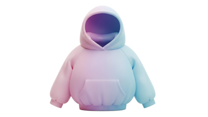 A pastel-colored hoodie with a gradient effect sits on a white surface indoors.