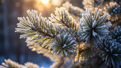 Winter beauty with frost on pine needles, sparkling ice crystals on evergreen branches, frozen natural pattern close-up, and sunlight illuminating cold weather texture in tranquil outdoor scene