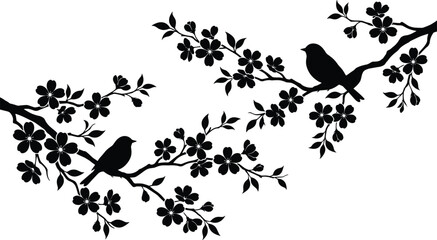 Bird silhouettes perched on flowering branches isolated on white background elegant floral nature vector illustration spring decoration design art clipart © Creative Soul