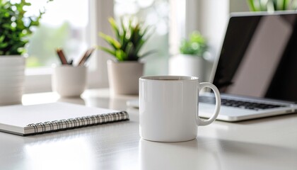 Blank Office Mug Mockup on Modern Work Desk
