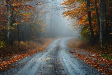 Obraz premium Fallen leaves covering wet asphalt road winding through a misty forest in autumn