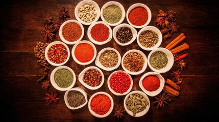 aromatic. An artistic arrangement of spice cups on a wooden table from an overhead perspective. menu design, packaging mockups, designed for culinary blogs and recipe cards for restaurants.