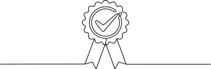 A continuous line drawing of a prize badge or rosette featuring a prominent checkmark and ribbons
