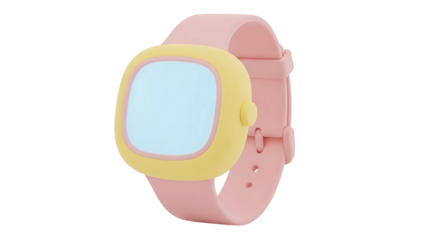 A pink smartwatch with a yellow bezel and light blue screen is displayed on a white background (261)_no-bg