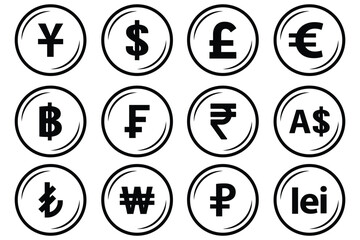 World currency signs and icons vector bundle set. Global currency symbols in circle, modern styles. Money, dollar, and world currency signs and icons vector bundle set featuring global currency symbol