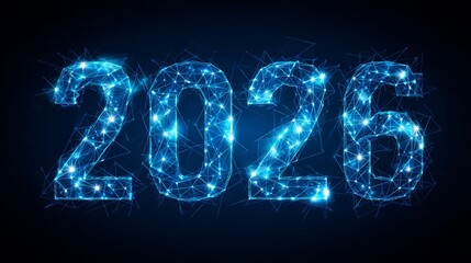 Blue digital 2026 futuristic design with glowing network lines and points, abstract technology concept for new year.