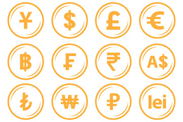 Currency symbols icons set. Vector illustration of coins with international currency symbols. Dollar, Euro, Pound, Rupee, Franc, Ruble, Yen, Won, Lira etc. world currency symbol.