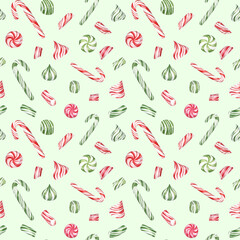Christmas pattern with green and red candy canes and peppermint candies on light green background. Watercolor hand-painted elements. Cute festive seamless pattern for fabric and wrapping paper