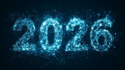 Blue digital 2026 futuristic design with glowing network lines and points, abstract technology concept for new year.