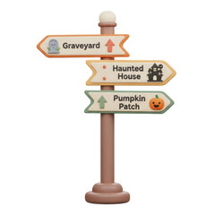 Directional signs pointing to Graveyard, Haunted House, and Pumpkin Patch in a festive Halloween setting
