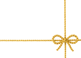 Golden rope string with knotted bow in corner against white or transparent background.