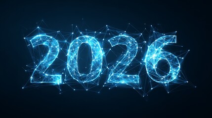 Blue digital 2026 futuristic design with glowing network lines and points, abstract technology concept for new year.