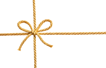 Golden rope string with knotted bow in corner against white or transparent background.