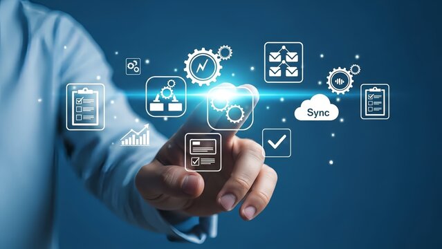 Businessman interacting with digital icons for sync and data management - Powered by Adobe