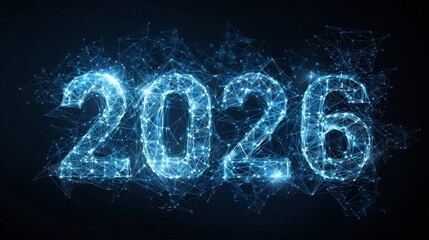 Blue digital 2026 futuristic design with glowing network lines and points, abstract technology concept for new year.