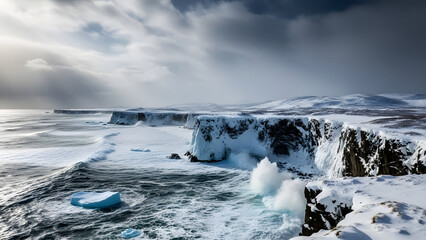 powerful ocean waves crash against snow covered cliffs and dramatic rocky shore with ice floating in rough sea under overcast sky, storm at sea, wild coastal landscape, powerful nature