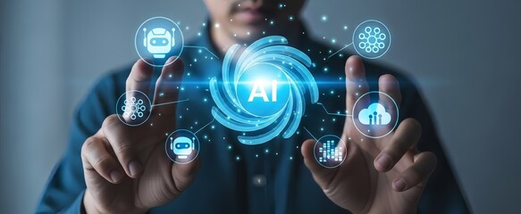 Man interacting with futuristic AI technology interface