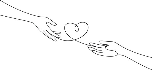 A continuous line drawing shows two hands reaching out to form a heart symbol