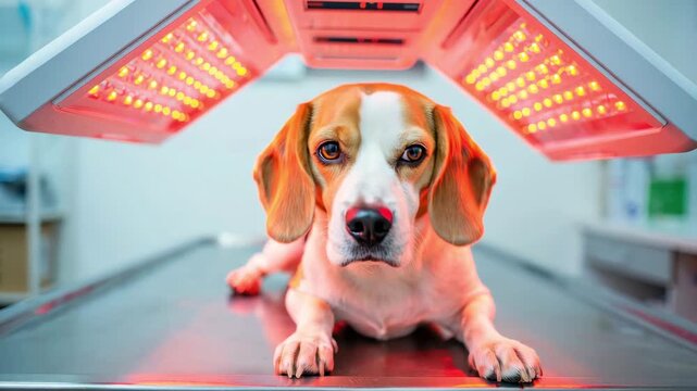 Vet red light therapy beagle under red nir led for wound healing, cellular regeneration, atp activation, collagen boost, inflammation relief, pain management, muscle recovery, skin repair